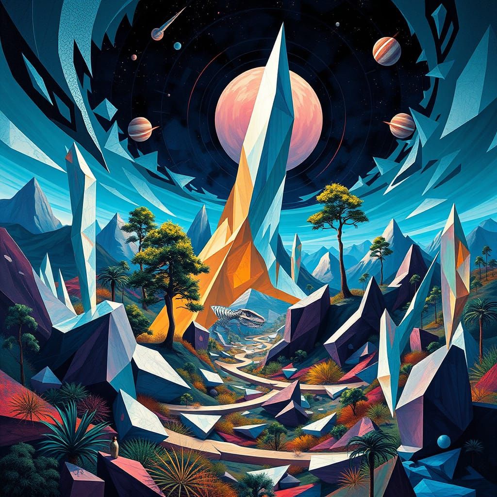 Cubist Futurism: Geometric Jurassic Park Landscape
