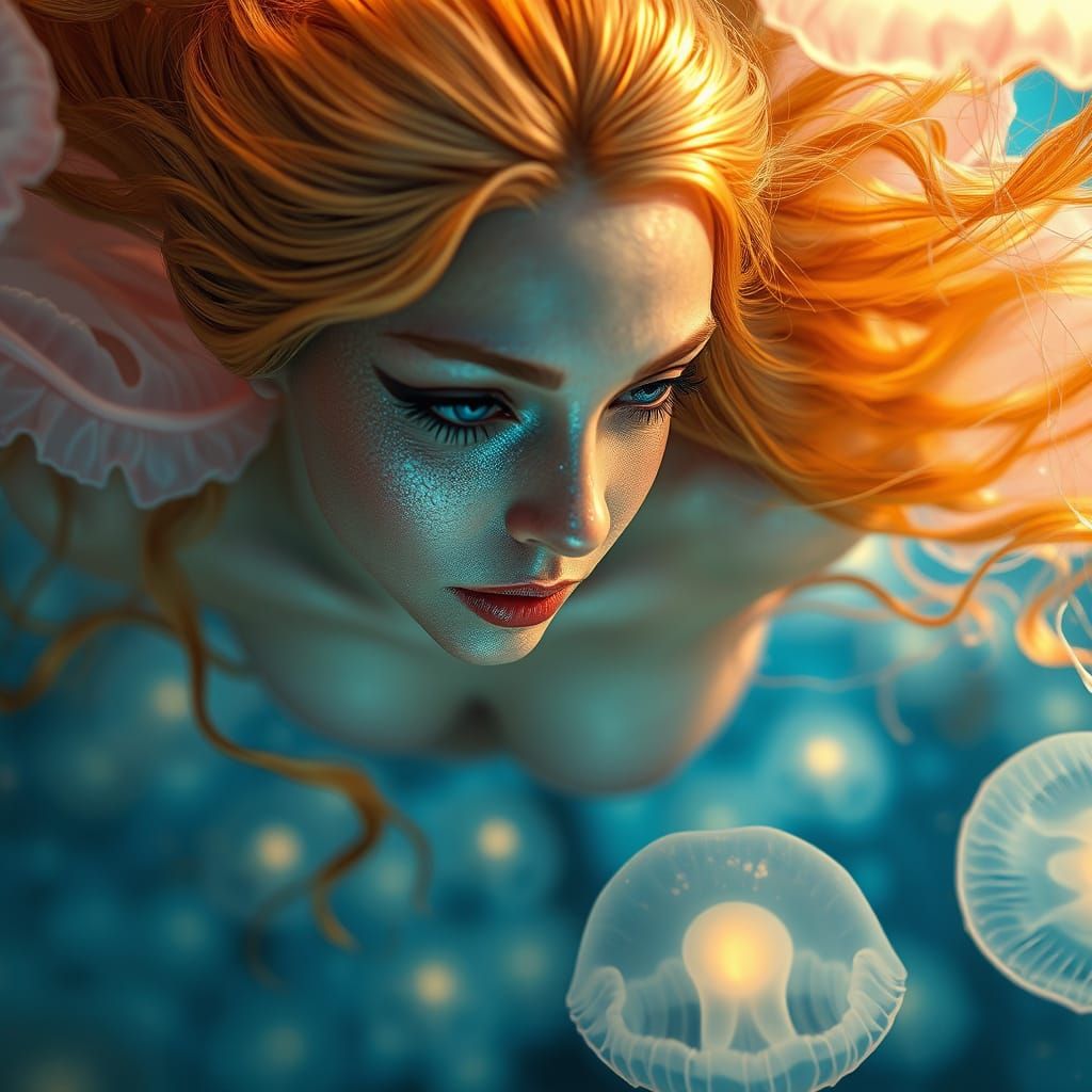 Mystical Mermaid Glides Through Dreamlike Jellyfish Sea