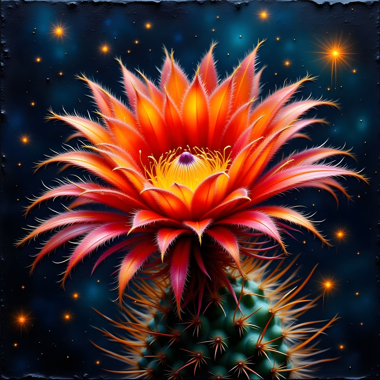 Stunning Fire Red Cactus Blossom in Impasto Oil Style