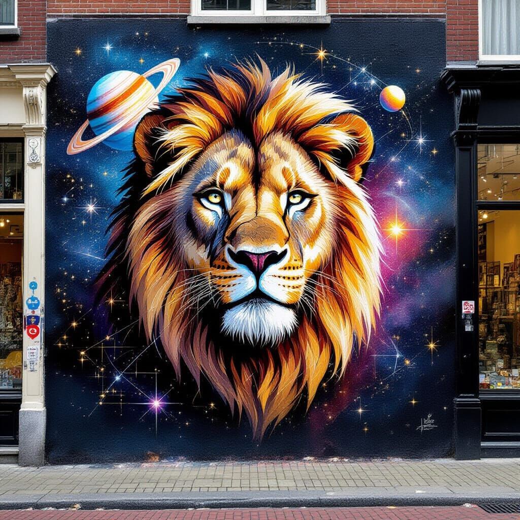 Street Art Lion Portrait With Cosmic Mane