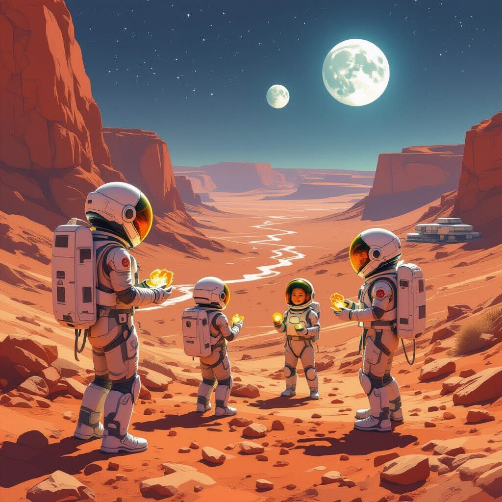 Children Explore Martian Canyon in Exosuits