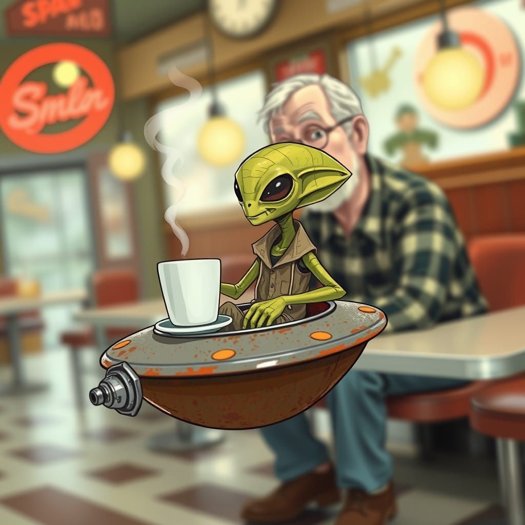 Alien Offers Coffee in Retro Diner, Digital Art