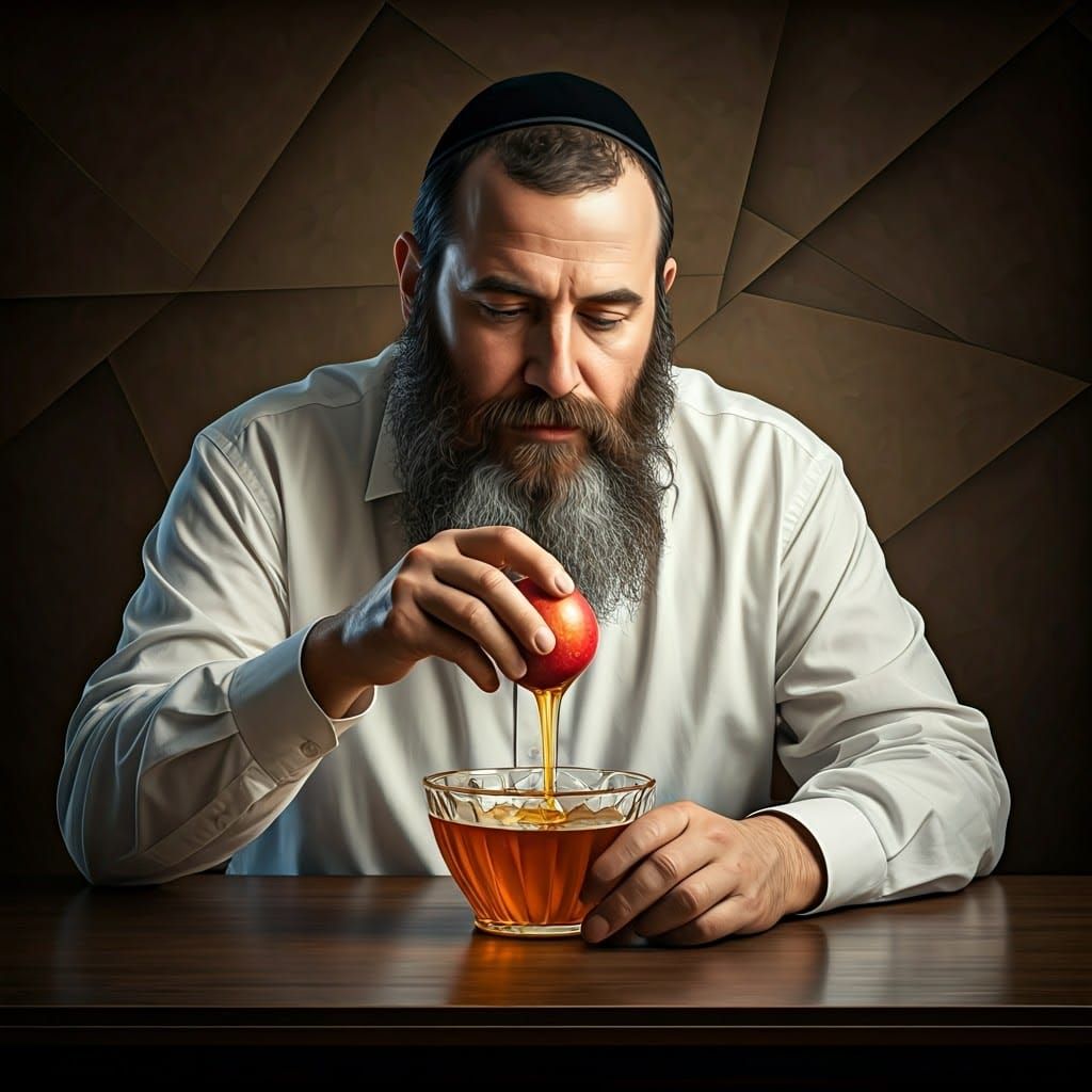 Cubist Ultra-Orthodox Jew Dipping Apple in Honey