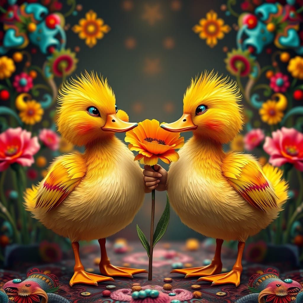 Surreal Cartoon Ducks Posing Amidst Vibrant Bismuth Fractals