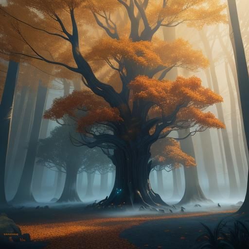 Magical Autumn Wizard Under Glowing Tree