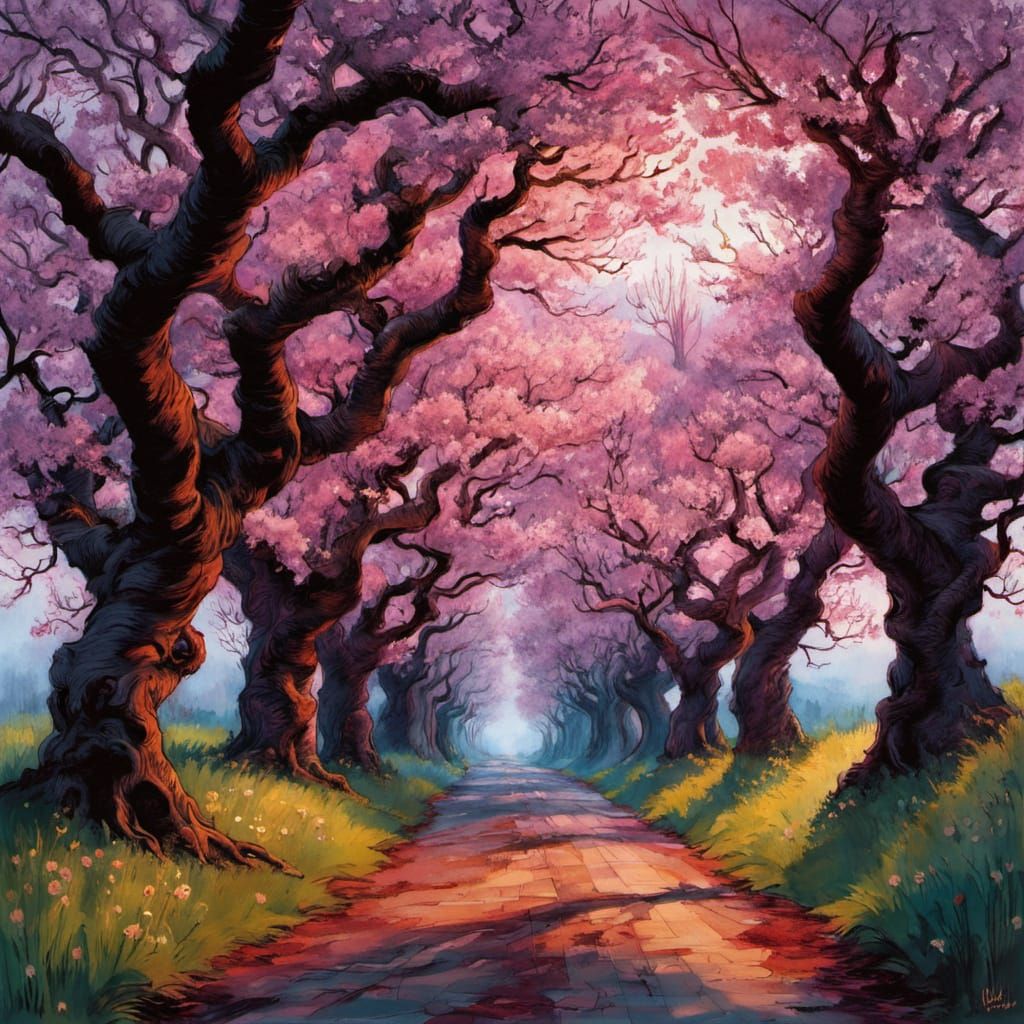 Surreal Cherry Tree Avenue in Noctilucent Bloom by the Old M...
