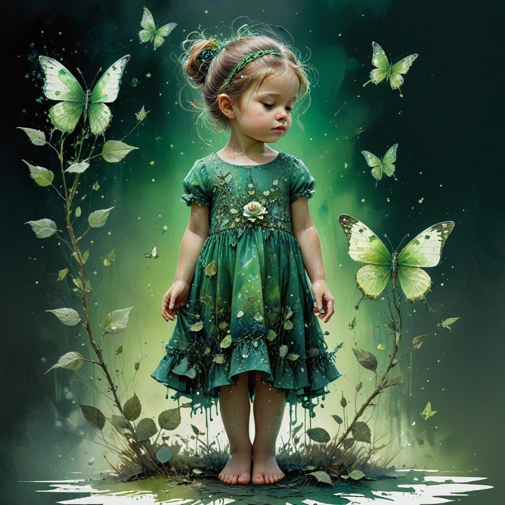 Toddler in Green Dress Amidst Winter Wonderland