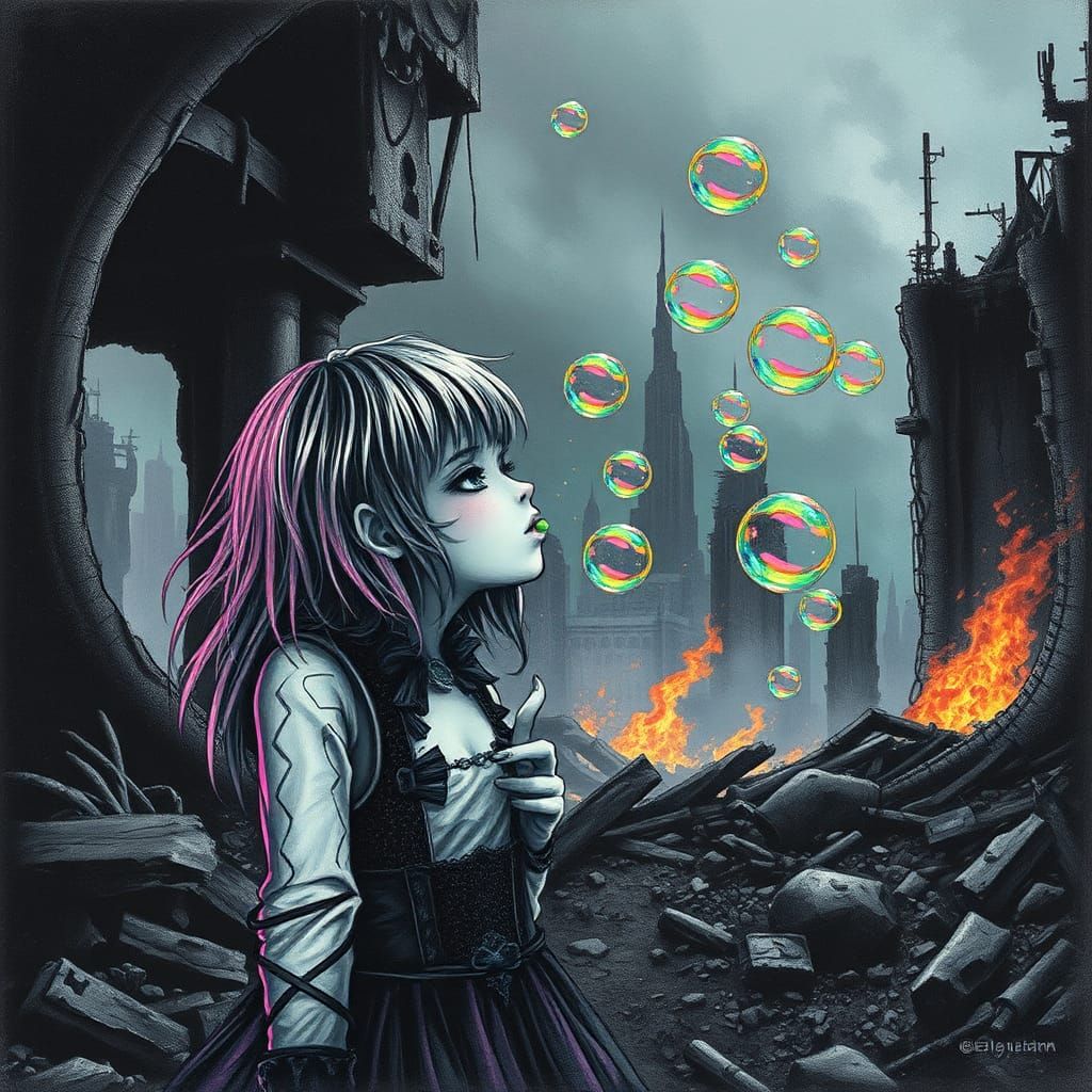 Gothic EMO NEOREALISTIC Cityscape with Rainbow Bubbles