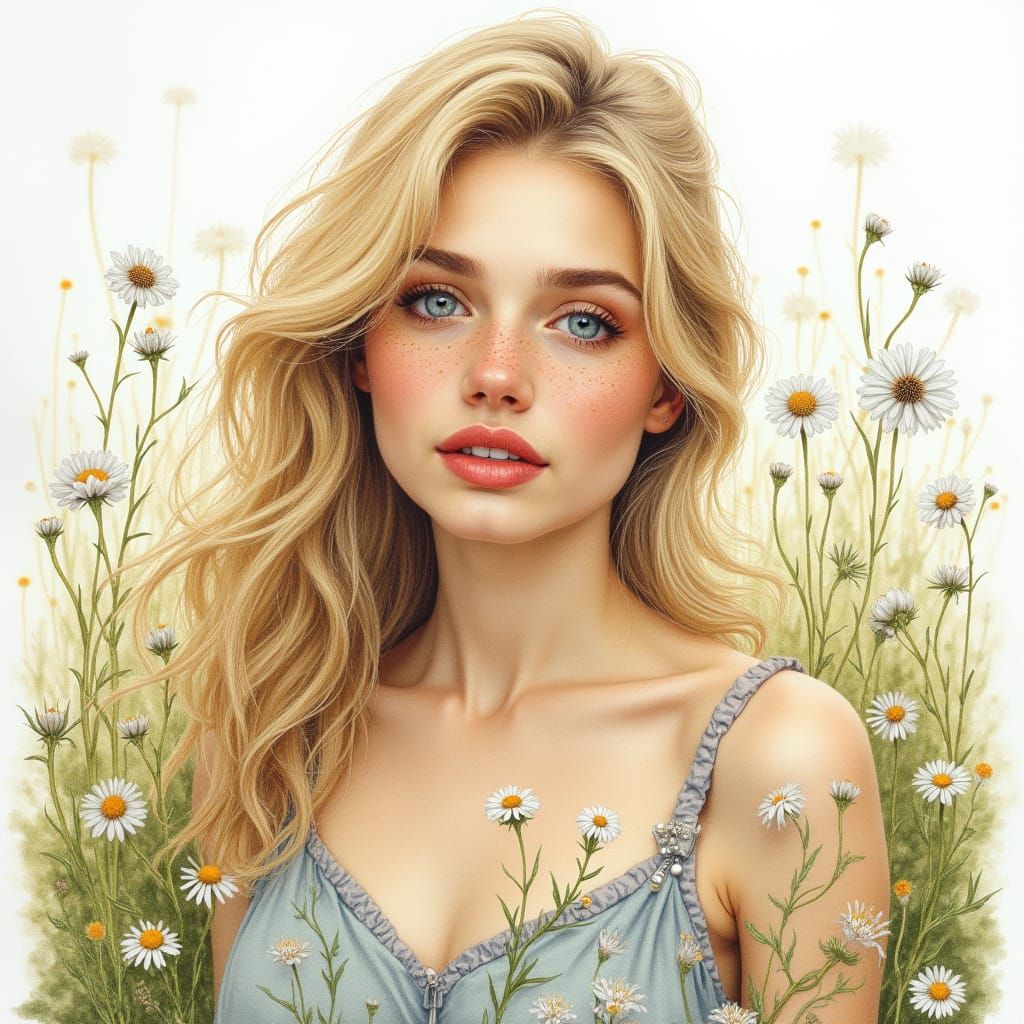 Beautiful Woman with Blonde Hair in Daisy Meadow, Watercolou...
