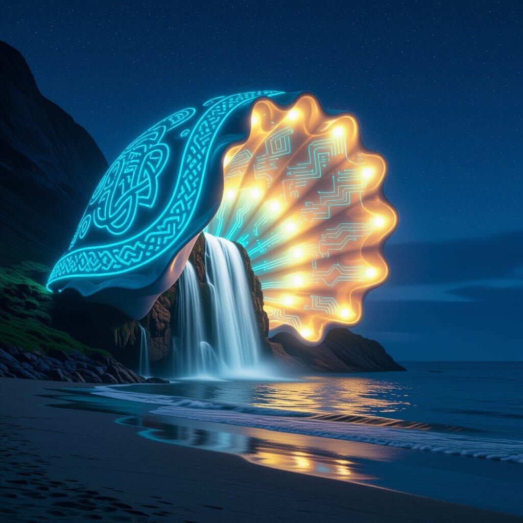 Bioluminescent Seashell Waterfall in Synthwave Style