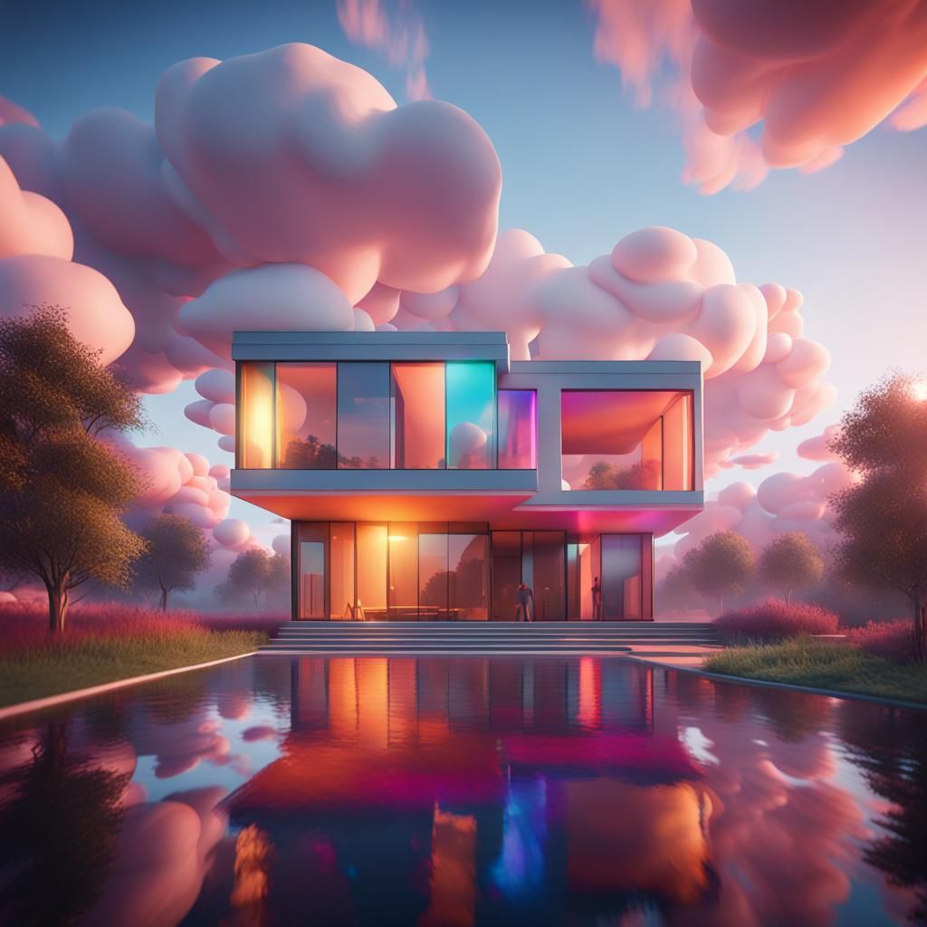 Abstract House Merging with Colorful Clouds