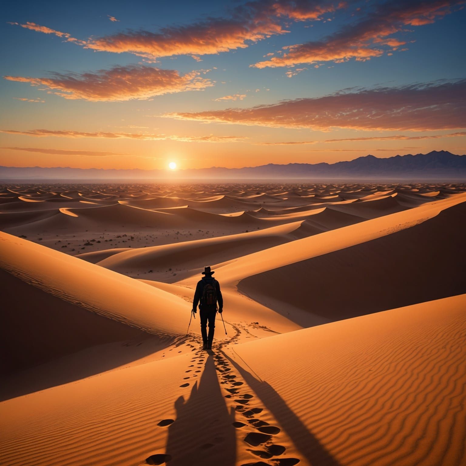 Lone Traveler in Fantasy Desert Sunset