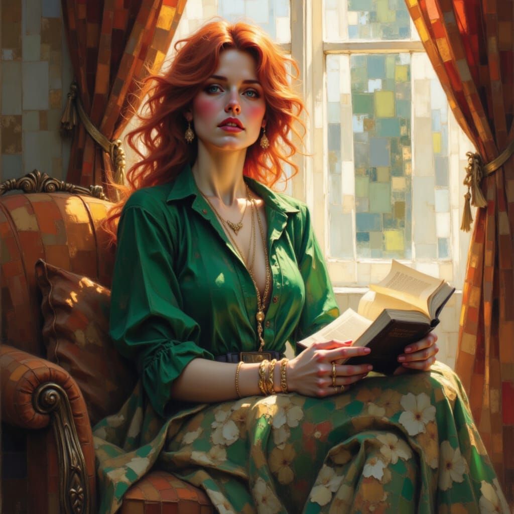 Woman Reading by Golden Hour Light, Textured Impasto Paintin...