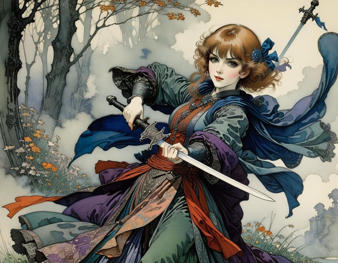 Amused Anime Woman with Sword, Rackham-Clarke Style