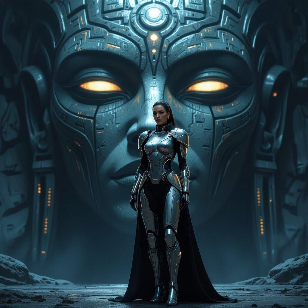 Futuristic Warrior Woman Before Alien Face