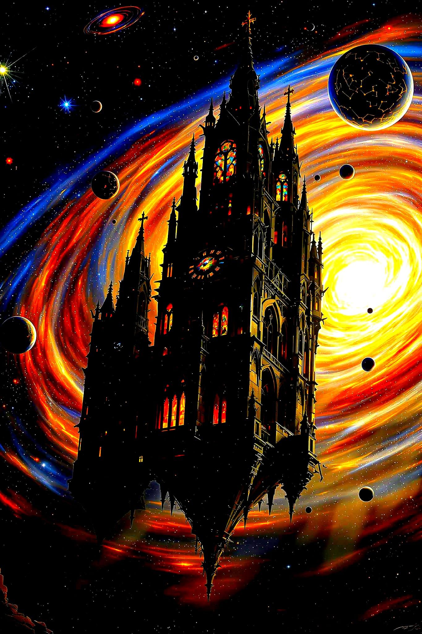 Gothic Cathedral in Cosmic Void, Orbiting Galaxy