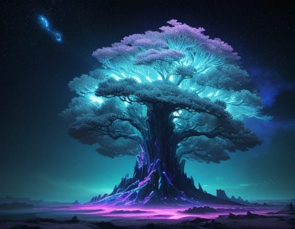 Colossal Crystalline Tree on Floating Island in Nebula
