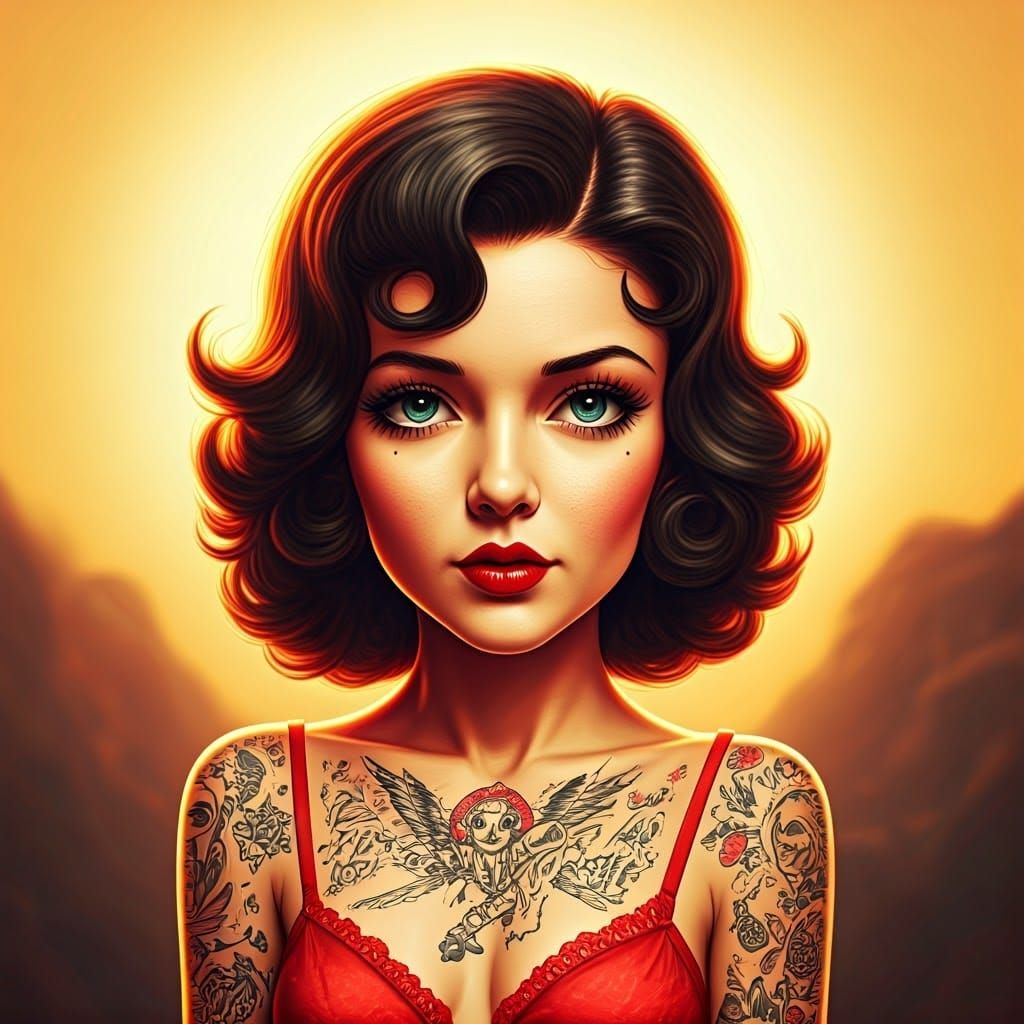 Tattooed Betty Boop Portrait in 1980s Style