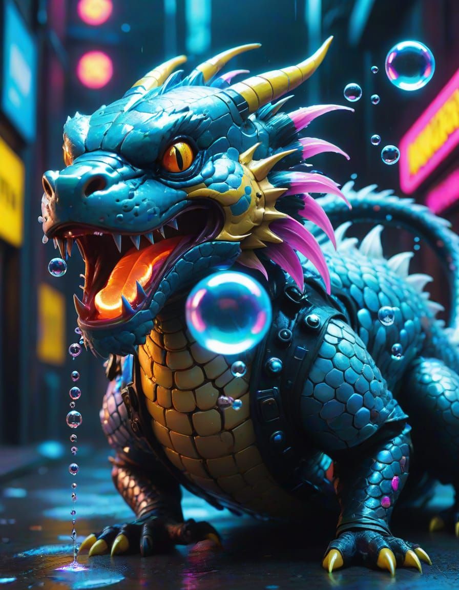 Cyberpunk Koi Dragon Blowing Bubbles in Neon Noir