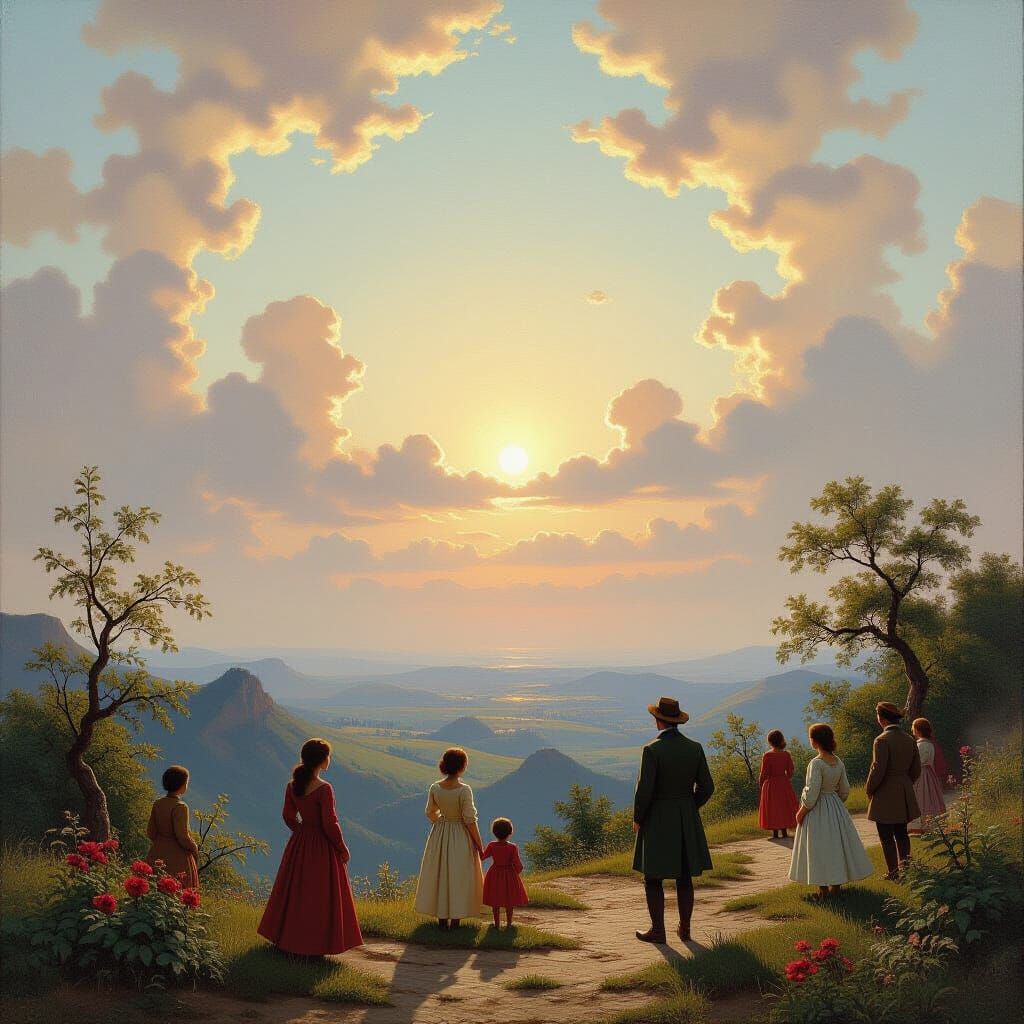 Vibrant Oil Painting of Lilliputians Under a Vast Sky