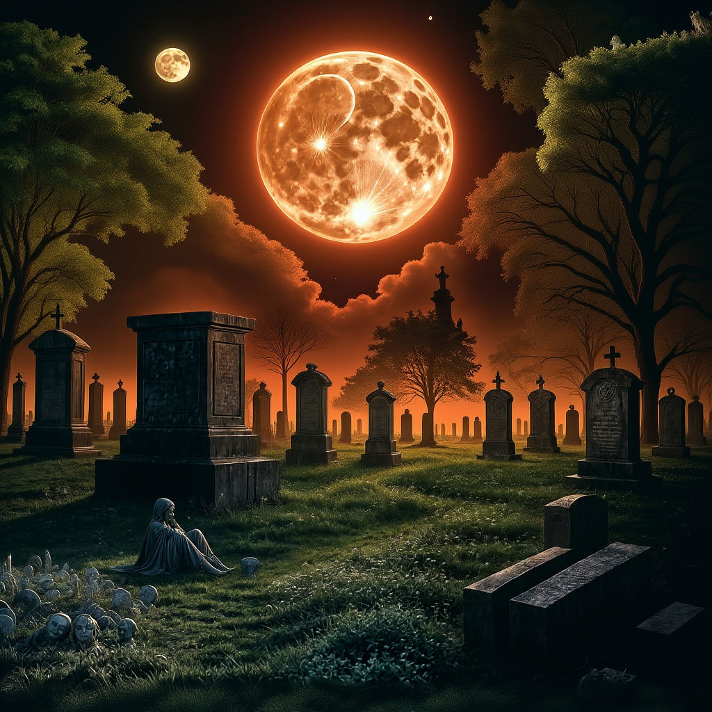 Graveyard at Night with Full Moon and Fog