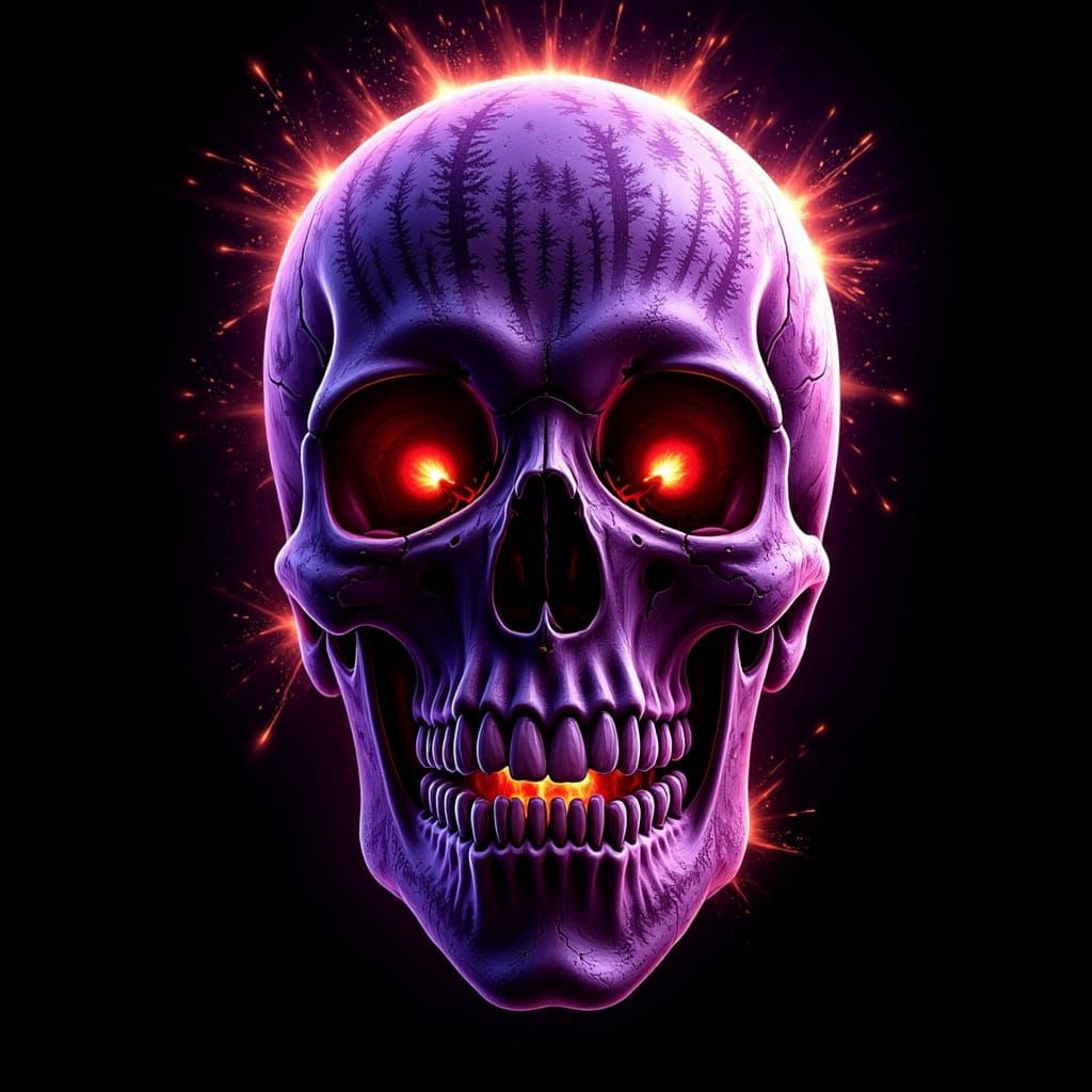 Haunting Purple Skull with Fiery Eyes and Etchings