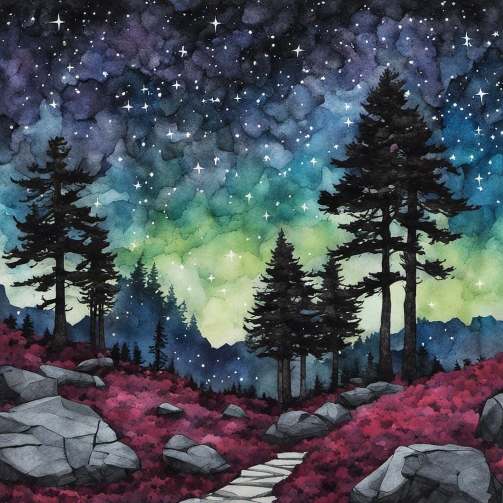 Pine Forest Under Starry Sky in Collage Style