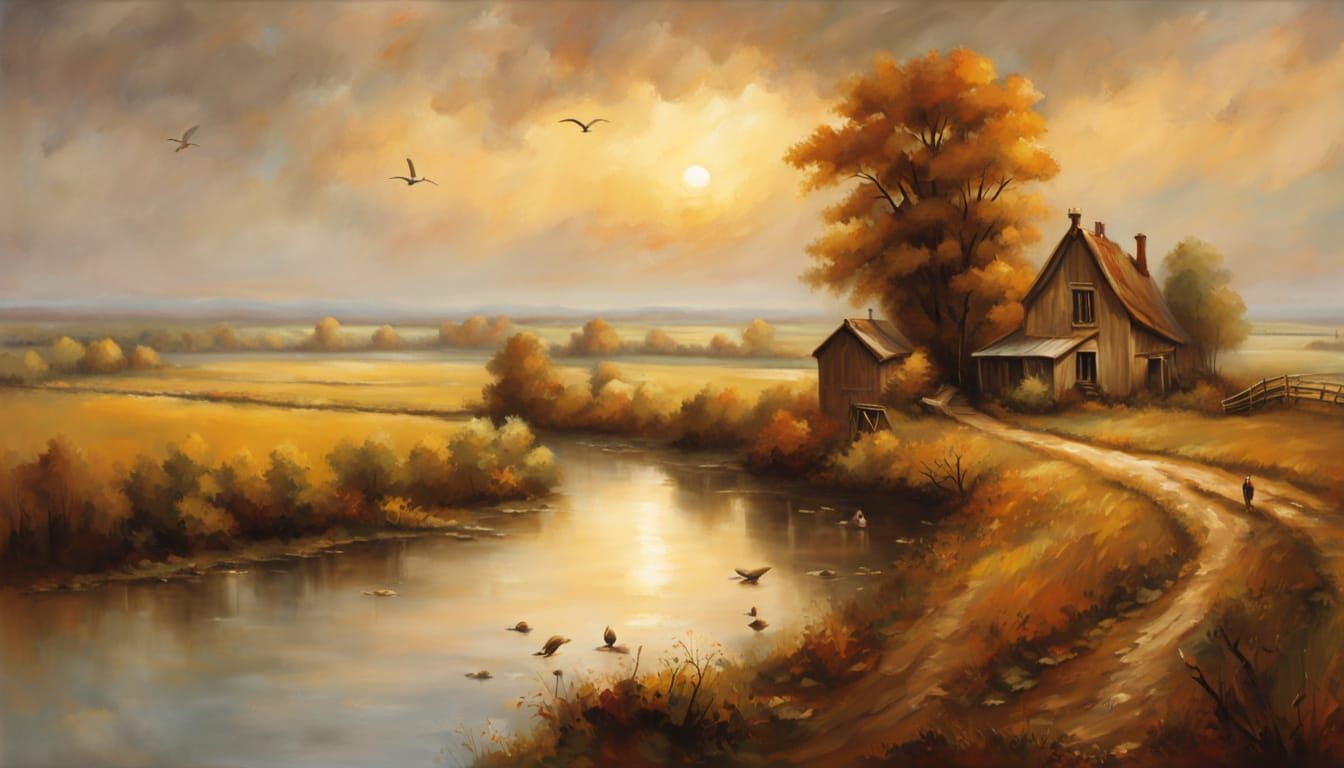 Idyllic Midwestern Farm in Baroque Oil Painting