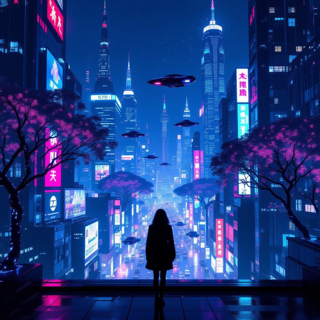 Futuristic Metropolis at Night in Cyberpunk Style