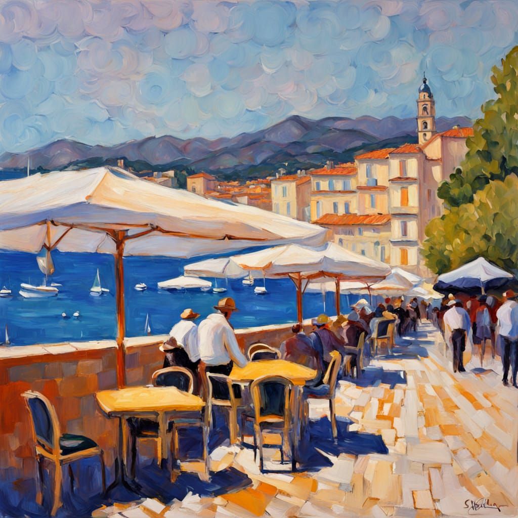 Neo-Impressionist Cafe Scene in Nice, France