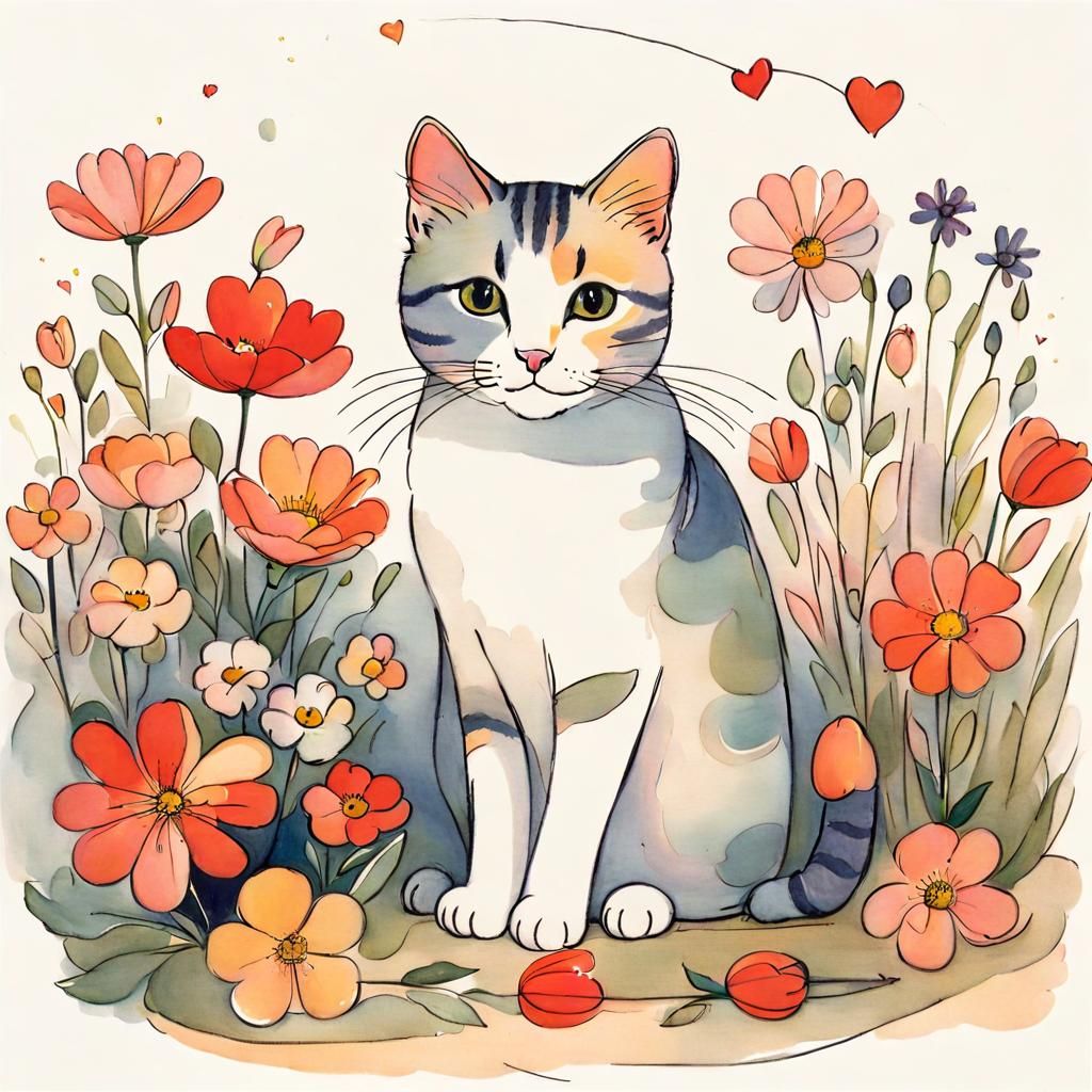 Cute Cat Surrounded by Flowers and Heart Lights