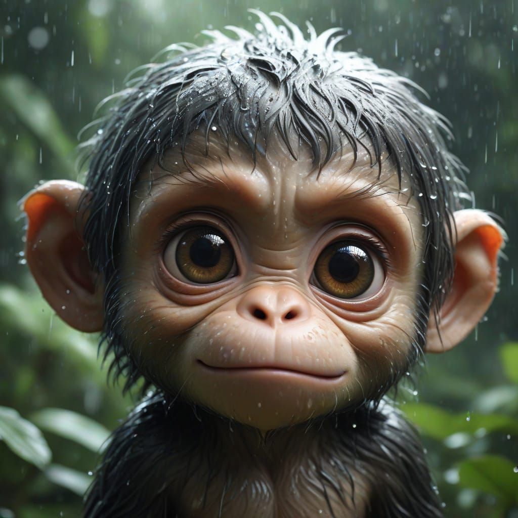 Cute Chibi Monkey in Rainy Forest, Hyper-Realistic Digital A...