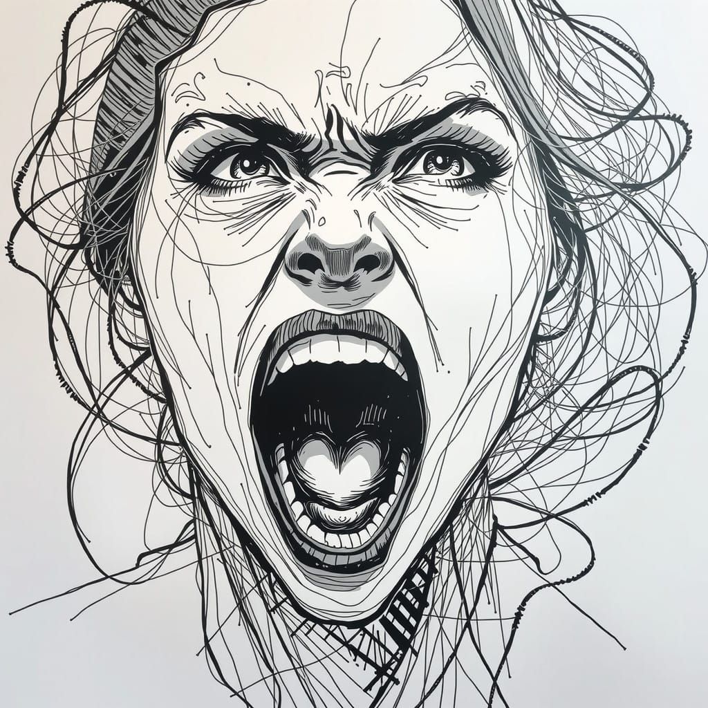 Ink Drawing of a Screaming Woman in Rage