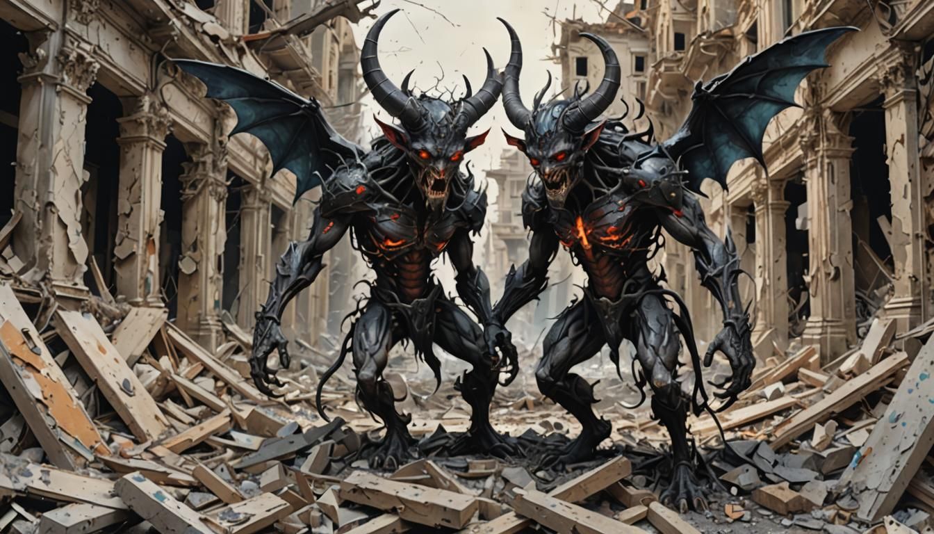 Demon in Destroyed Realm: Mixed Media Digital Art