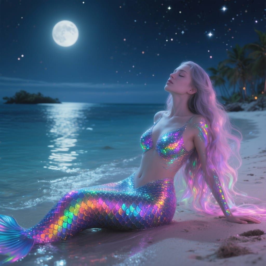 Mermaid Bathes in Moonlit Crystal Waters