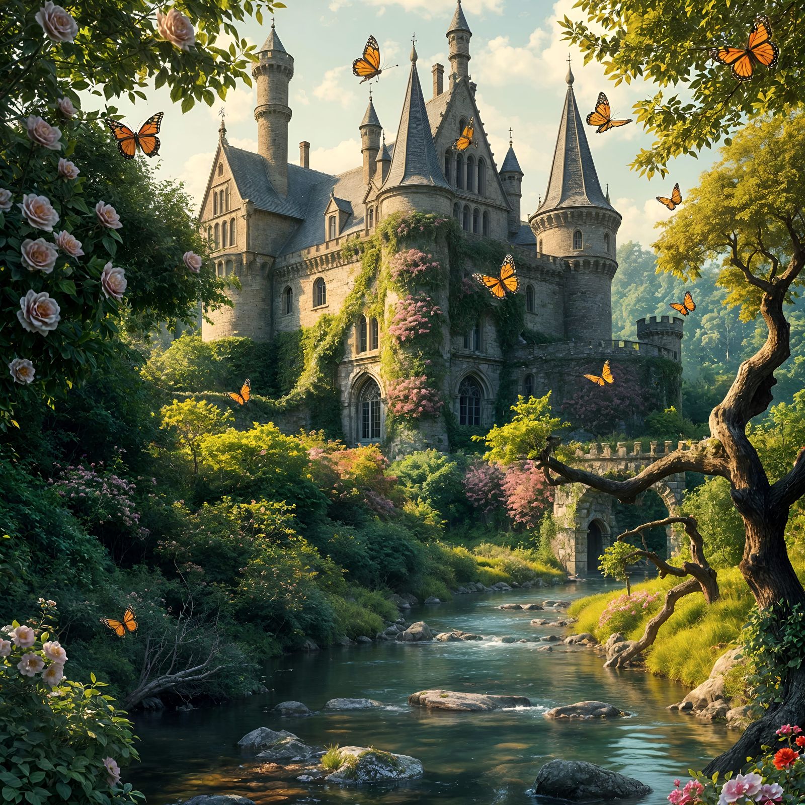 Ancient Castle in Rose-Shrouded Paradise