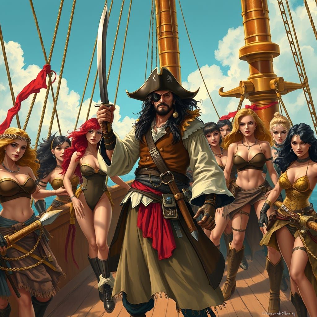 Pirate Captain and Crew in Dynamic, Futuristic Style