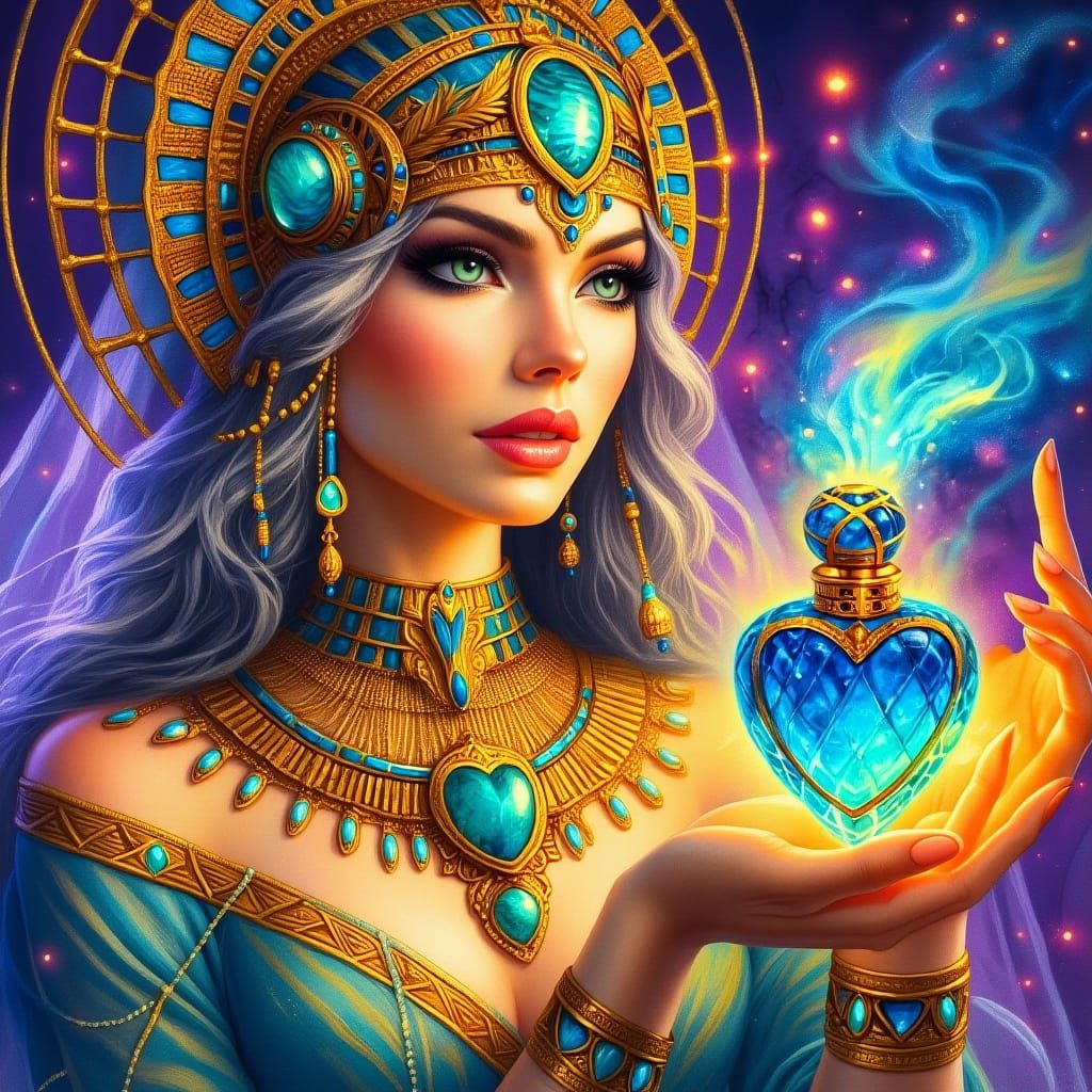 Egyptian Art Deco Mage with Glowing Potion Bottle