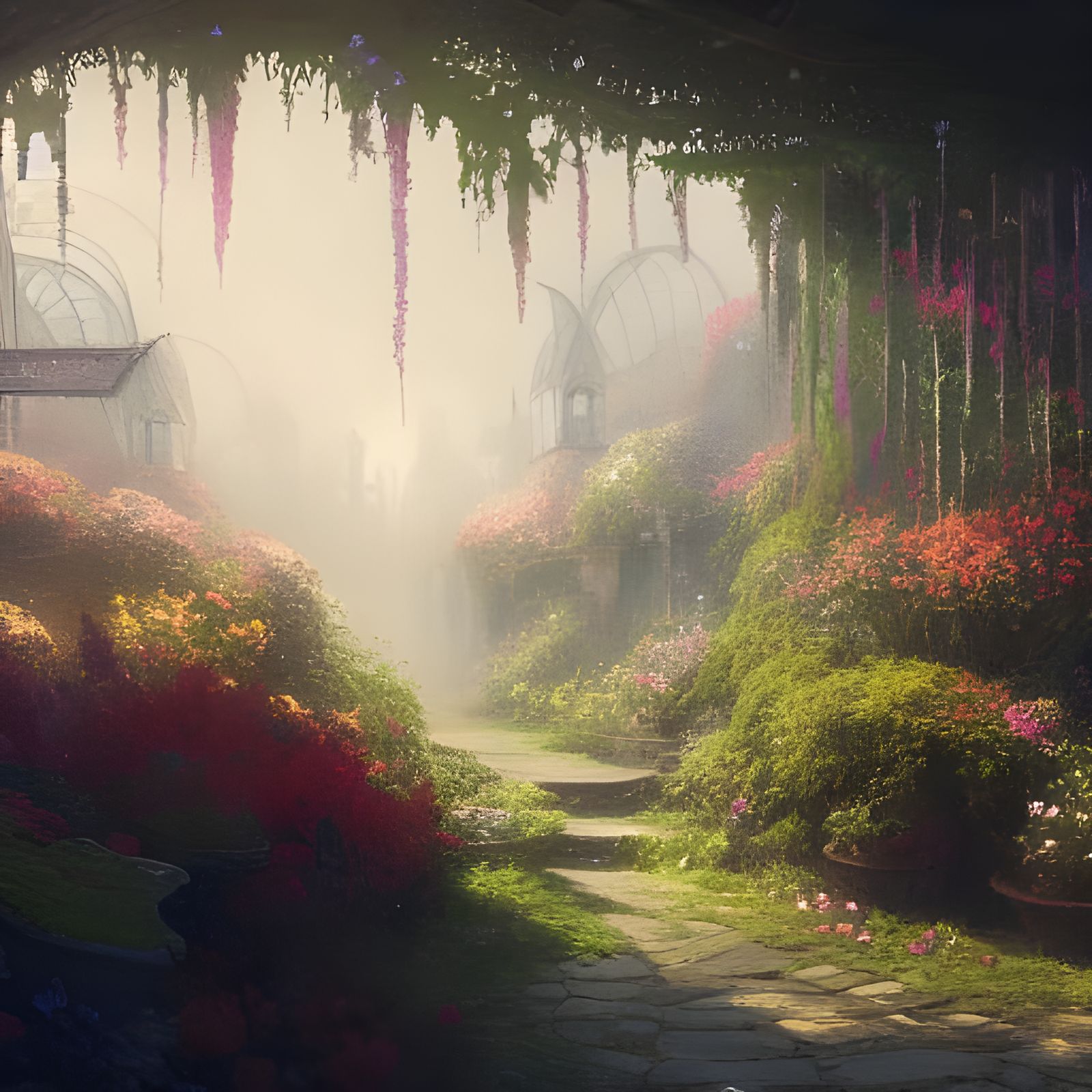 Hyperdetailed Secret Flower Garden in Dark Fantasy Style