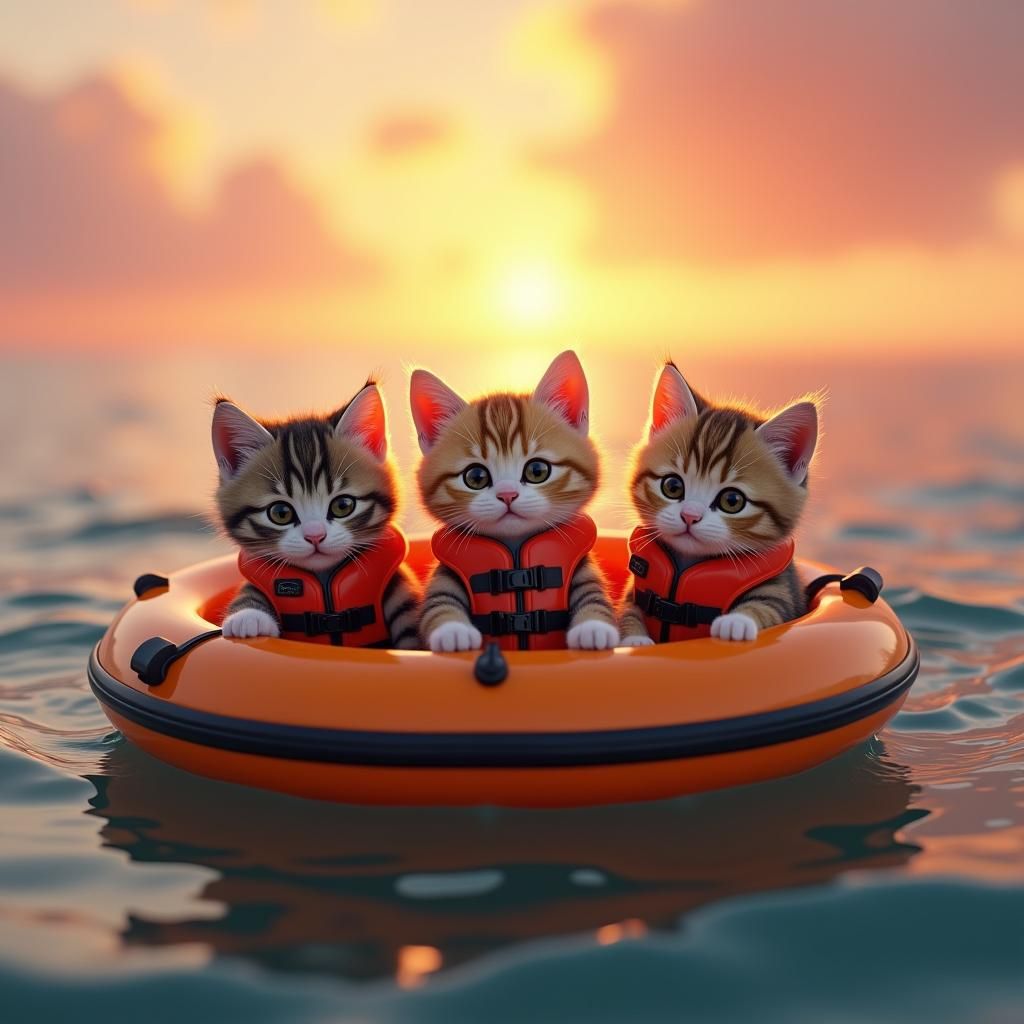 Cats in Lifeboat at Sunset, Hyperrealistic Digital Art
