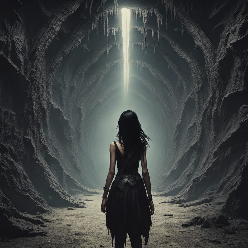 Dark-Haired Girl in a Dark Underground, Matte Painting