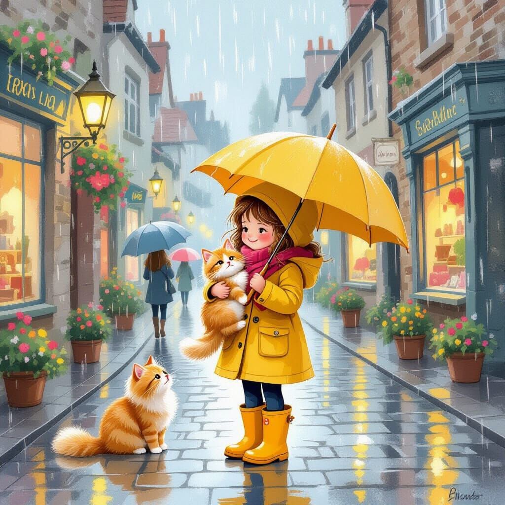 Girl in Yellow Raincoat with Cat on Cobblestone Street