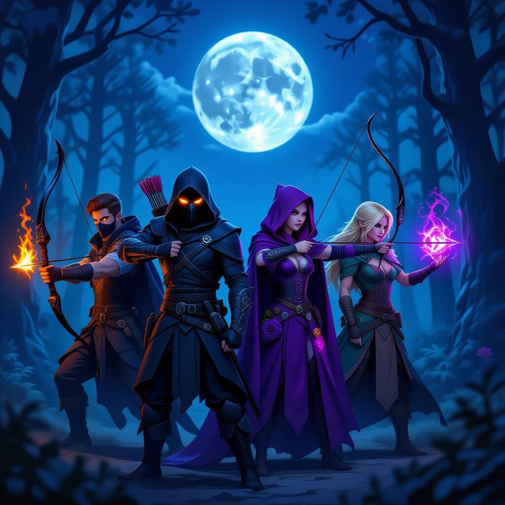 Four Heroes Ready for Battle Under Moonlit Sky