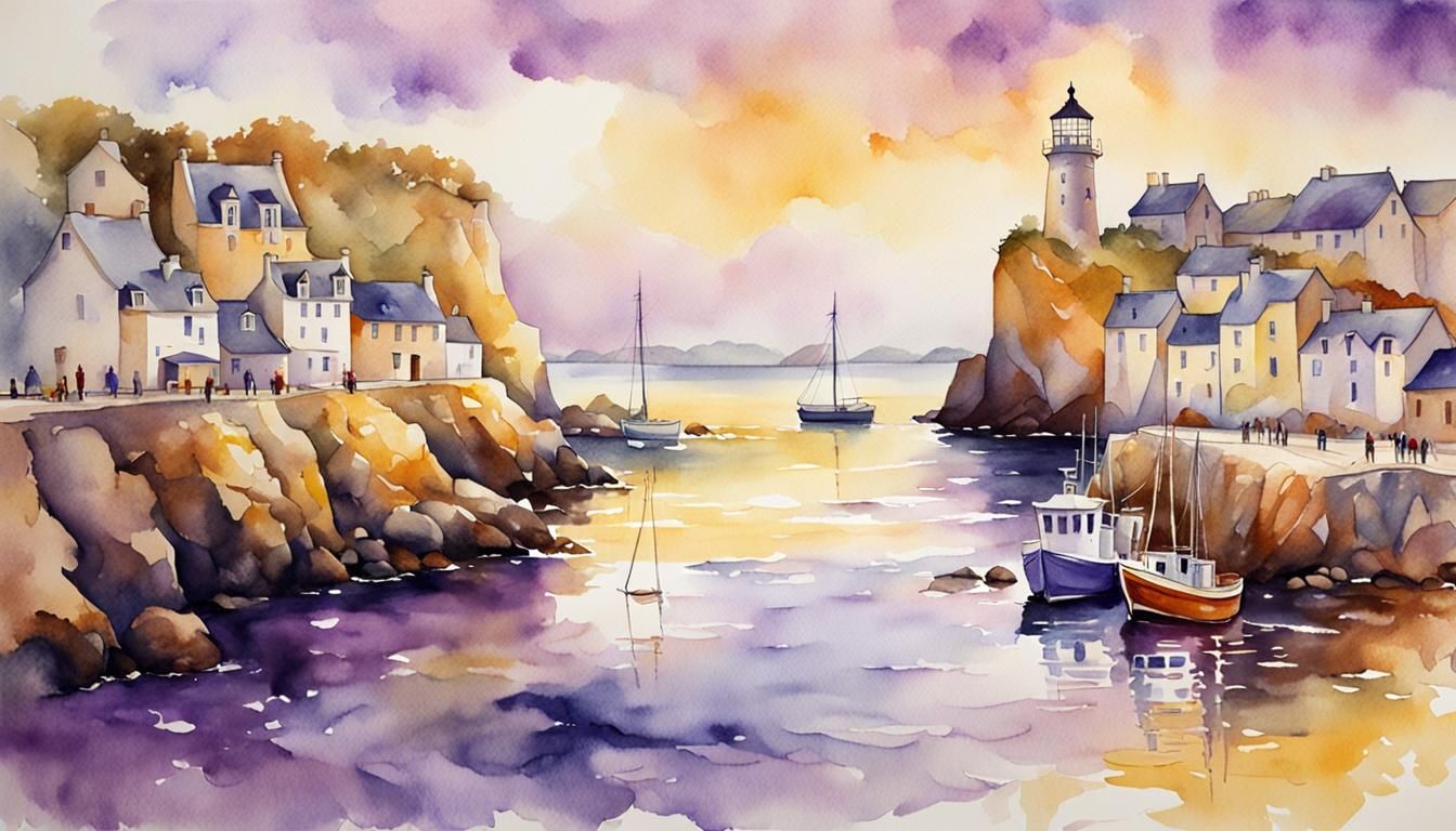 Brittany Fishing Port at Sunset in Watercolor Style
