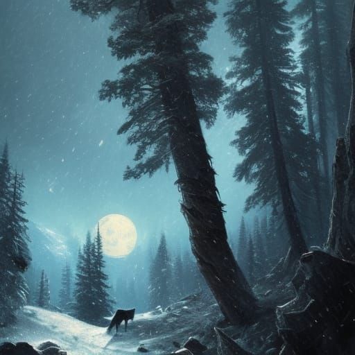 Wolf Howling at Moon on Snowy Mountain