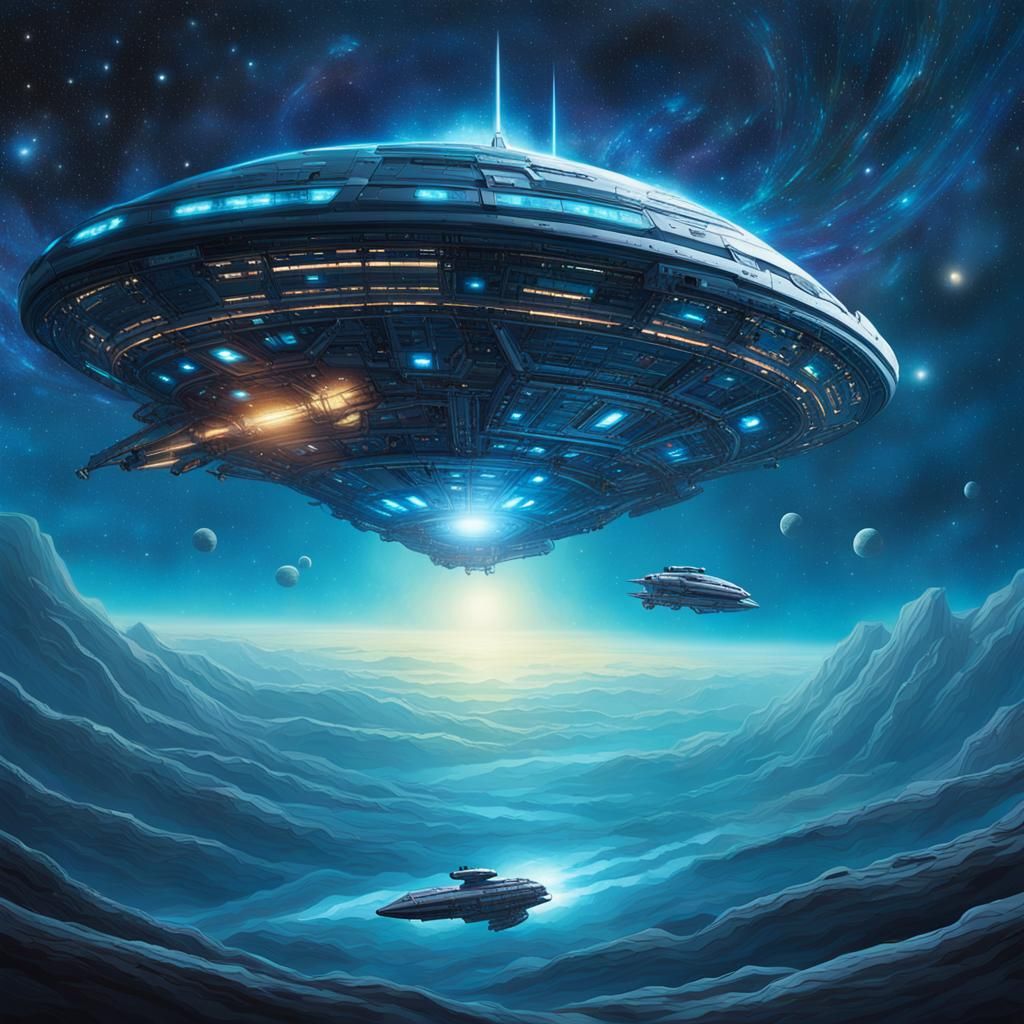 Futuristic Starship Drifting in Cerulean Space