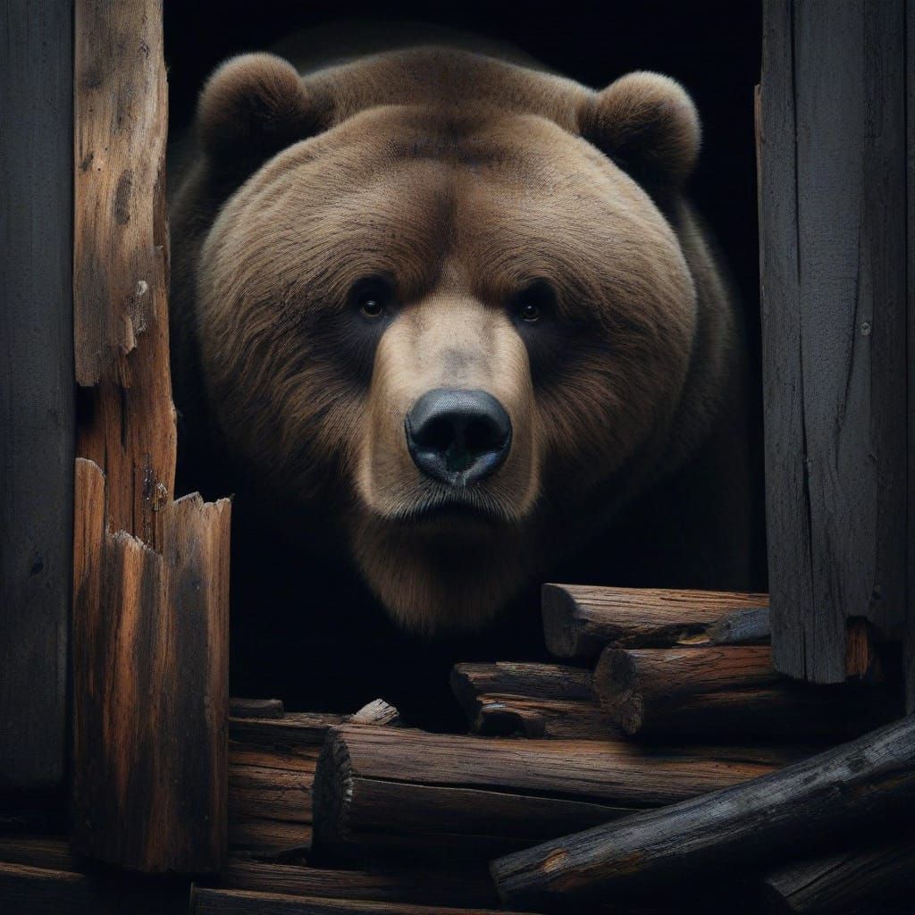 Kodiak Bear Peeking Through a Wooden Wall
