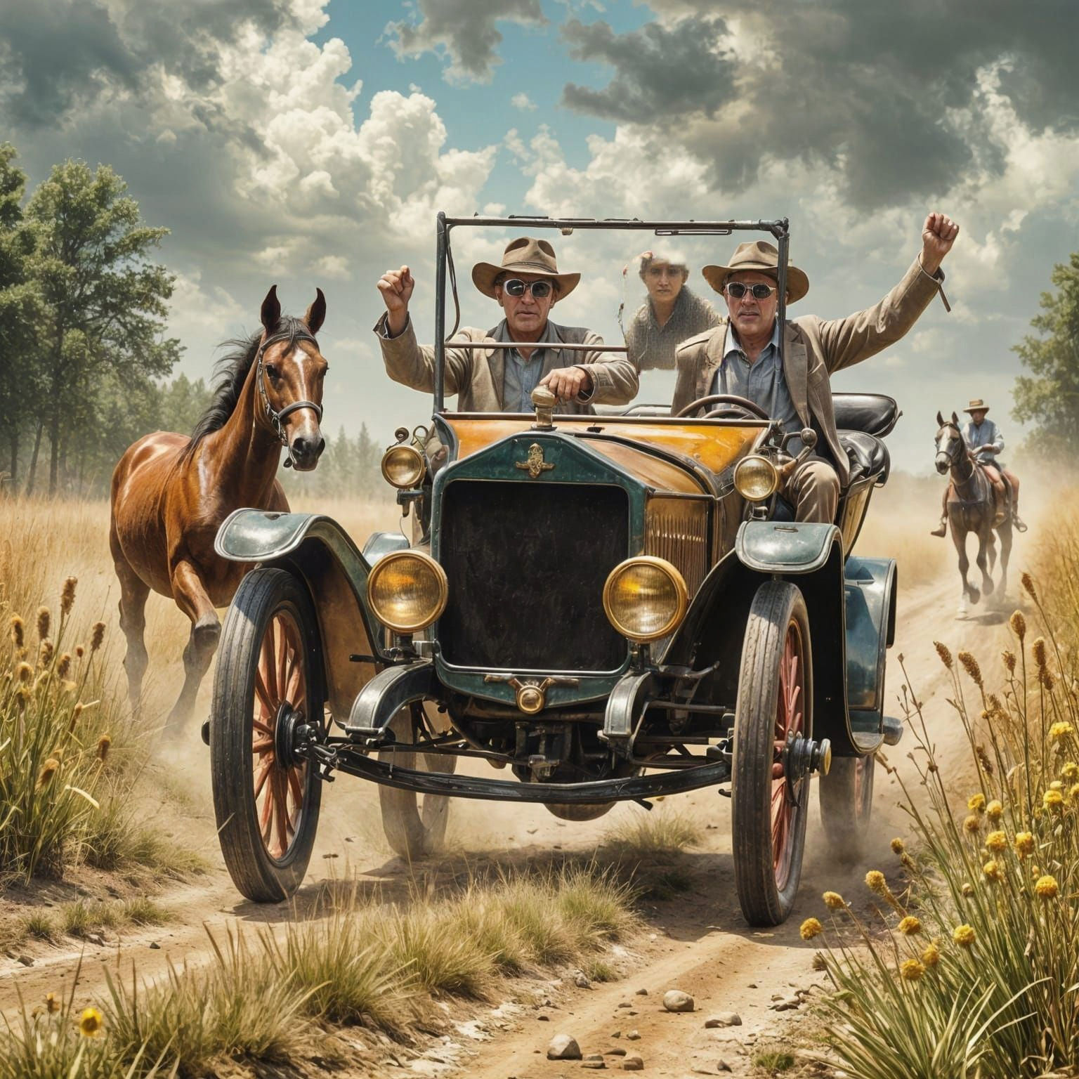 Model T Cars Race Horse and Buggy