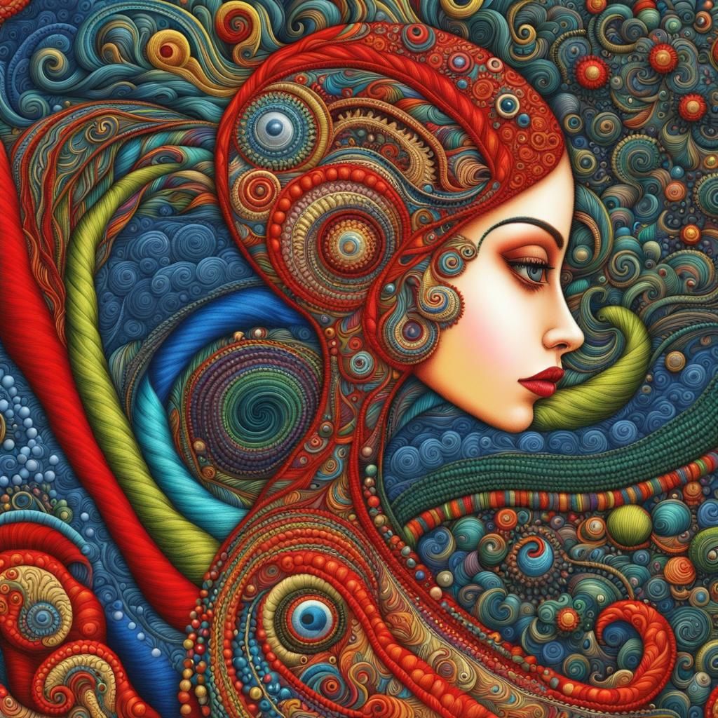 Psychedelic Embroidered Alien in Madhubani Style