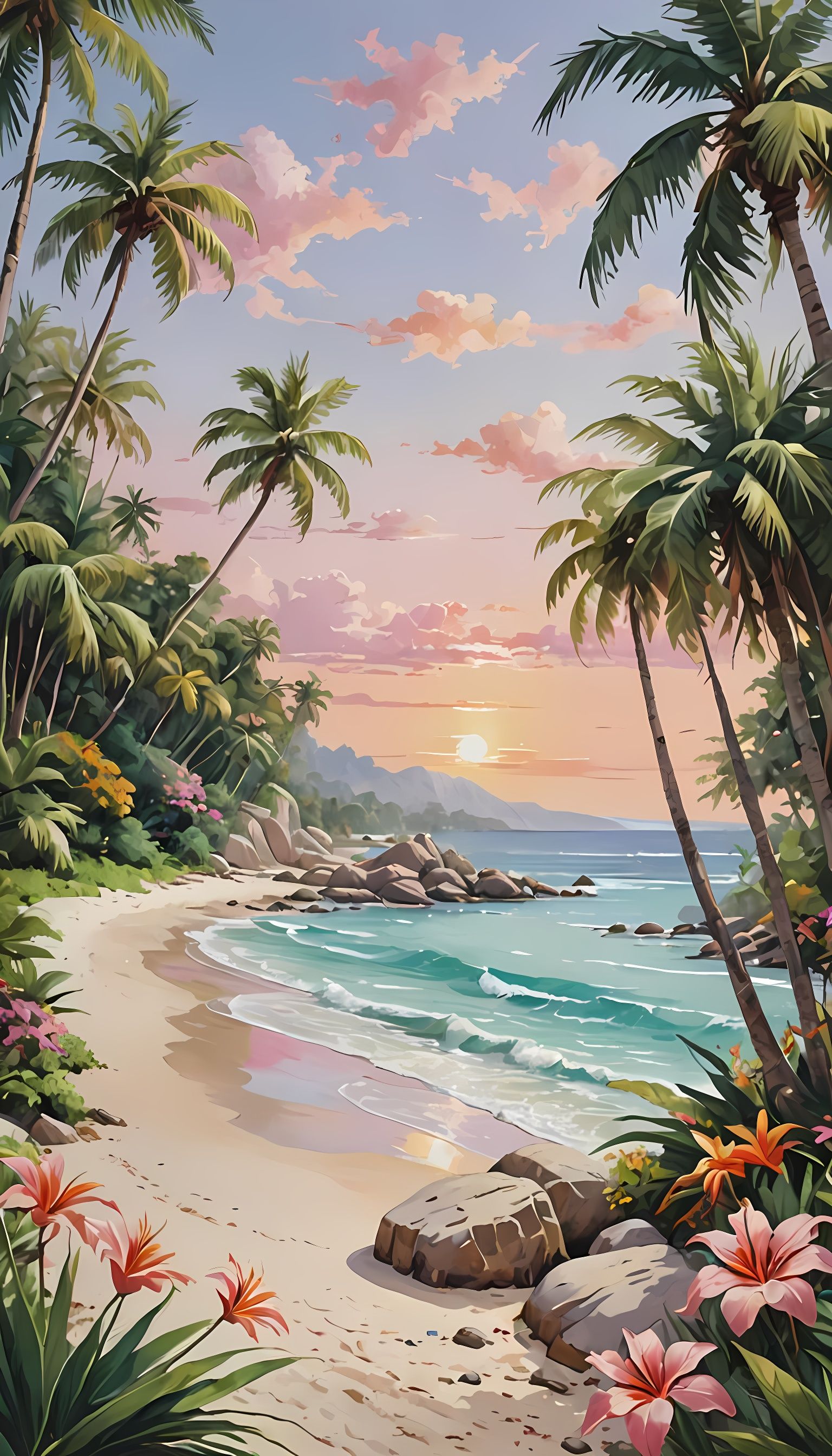 Idyllic Tropical Beach Paradise with Lush Foliage